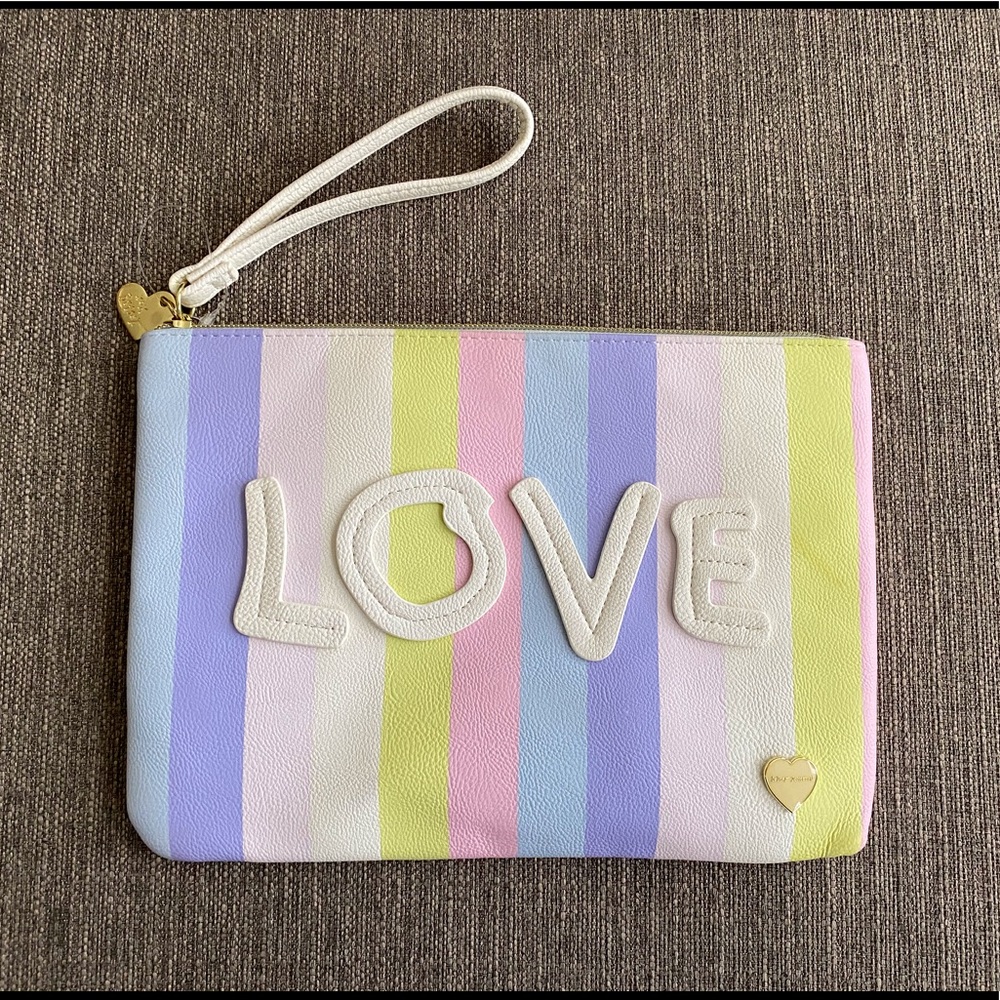 Betsey Johnson striped “LOVE” clutch 💜🩵🤍💛🩷